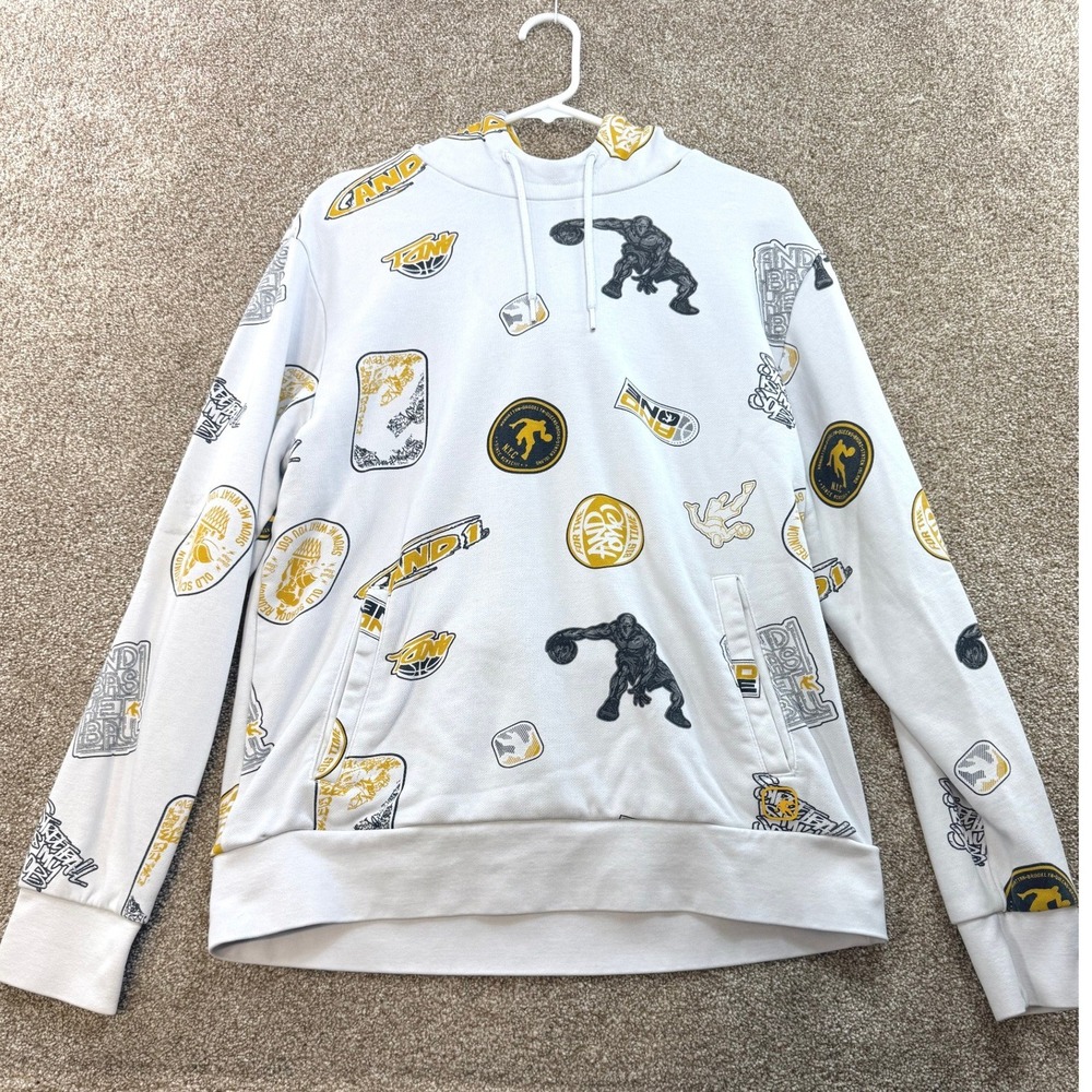 AND1 Mens White All Over Print Basketball Pullover‎ Hoodie Medium Streetwear M